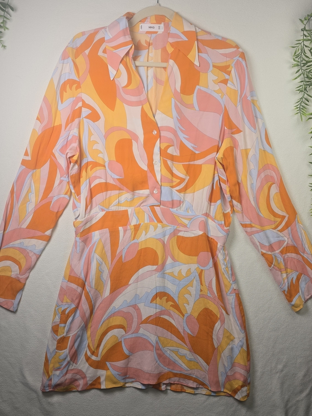 MANGO RETRO SWIRL PRINT MINI SHIRT DRESS PINK ORANGE CREAM PSYCHEDELIC 70S 8 - Picture 2 of 12